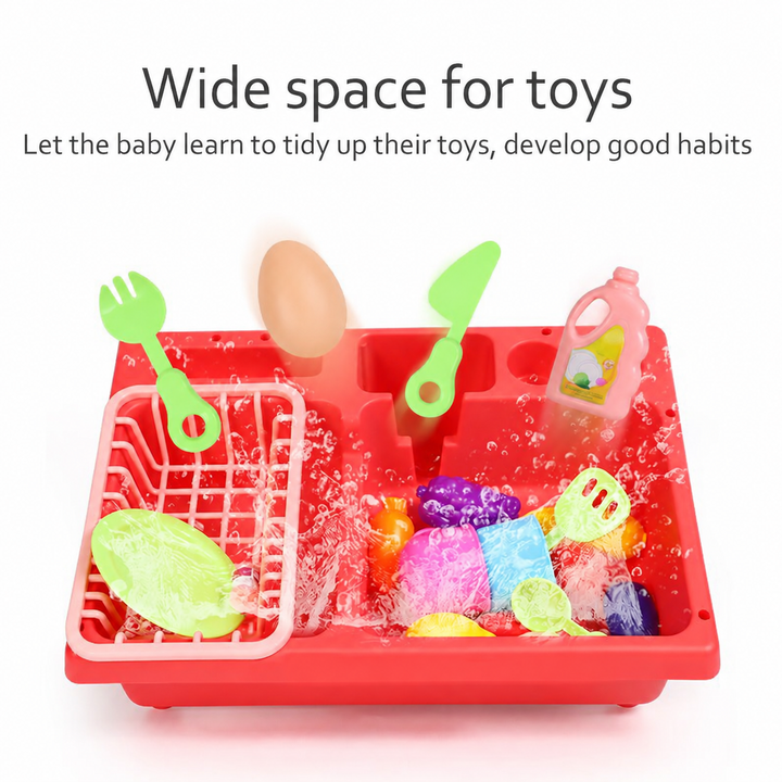Red play sink with colorful toy food, dishes, and hanging utensils