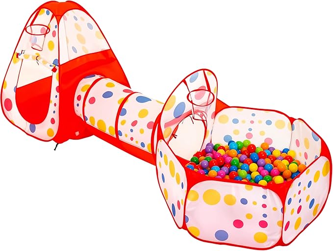 Red polka-dot play tent and tunnel connected to a ball pit filled with colorful balls