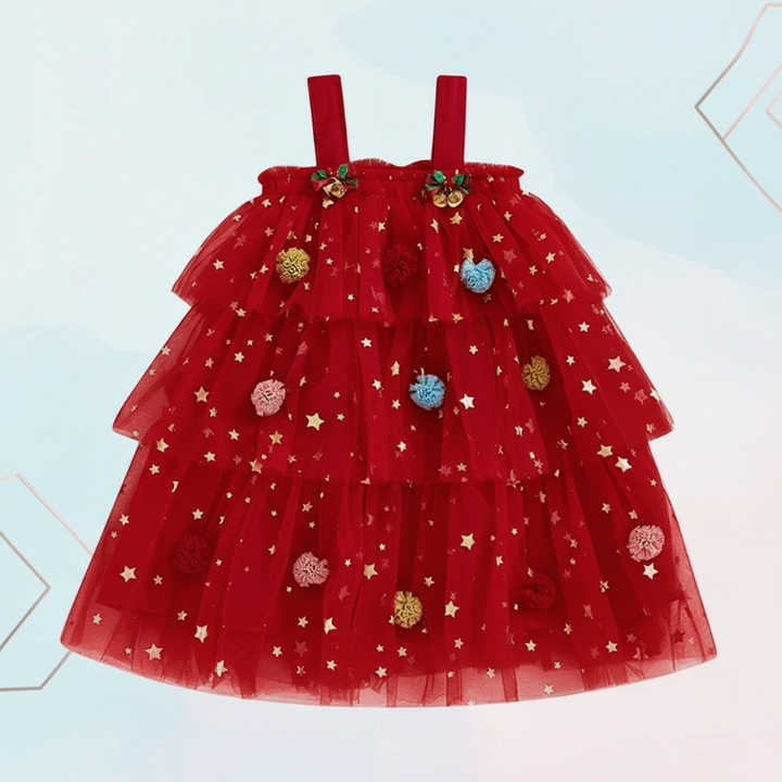 Red sleeveless Christmas dress with gold stars and colorful pom-pom details