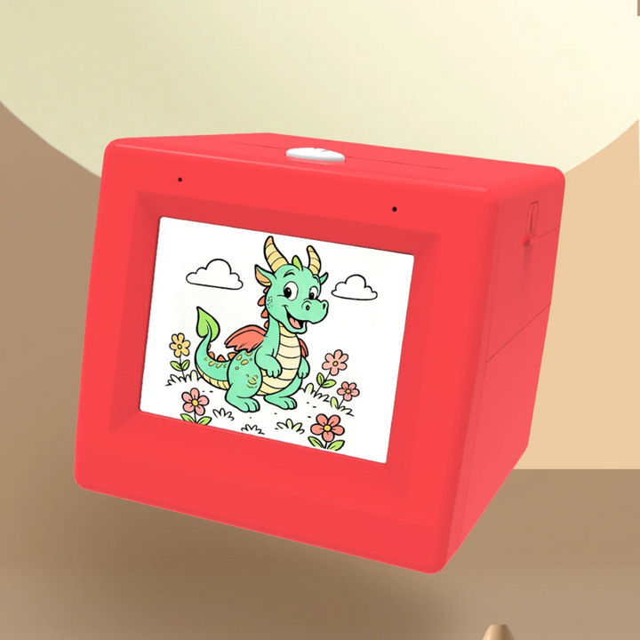 Red sticker printer displaying a colorful dragon illustration