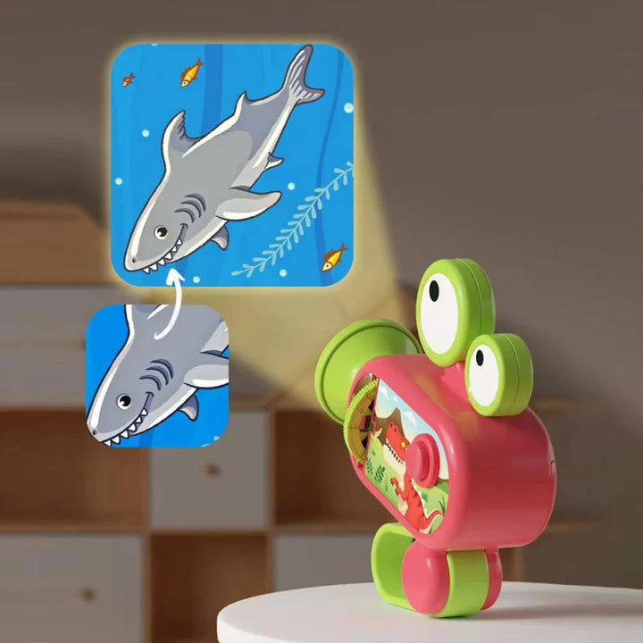 Red projector flashlight projecting a shark illustration