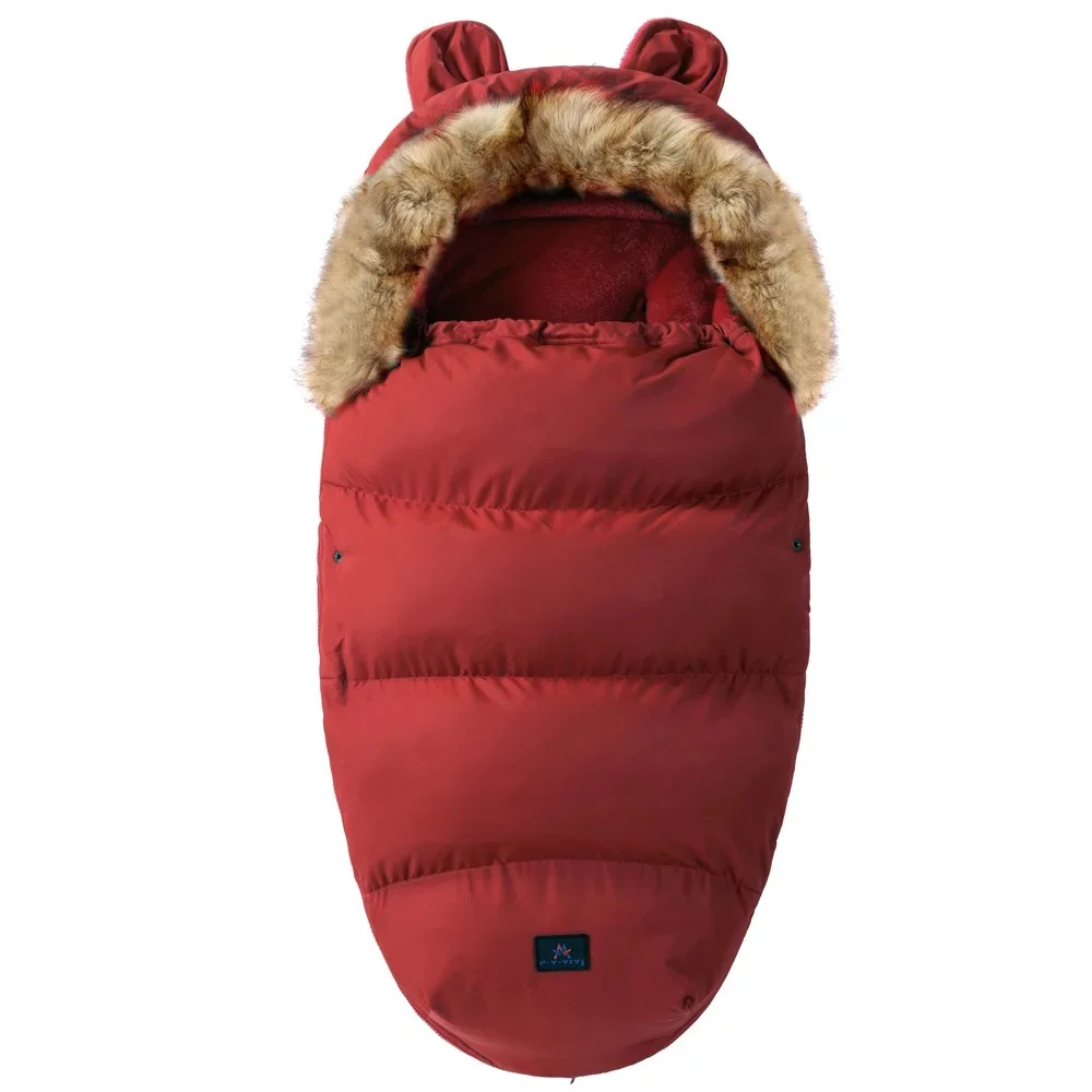 Red quilted stroller footmuff with a faux fur collar and small matching ears