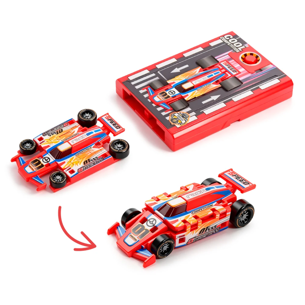 Red race car in flat and raised forms with its matching red button launcher.