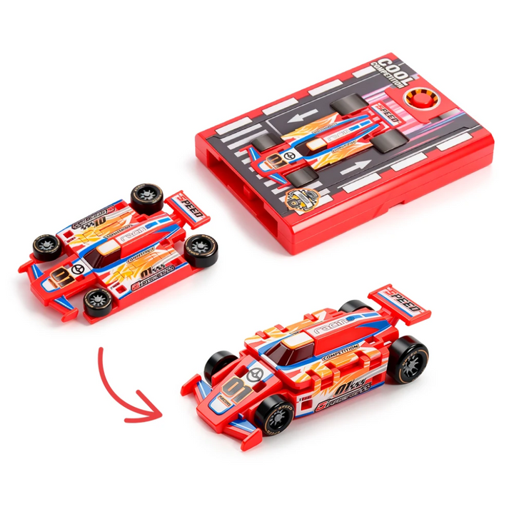 Red race car in flat and raised forms with its matching red button launcher.