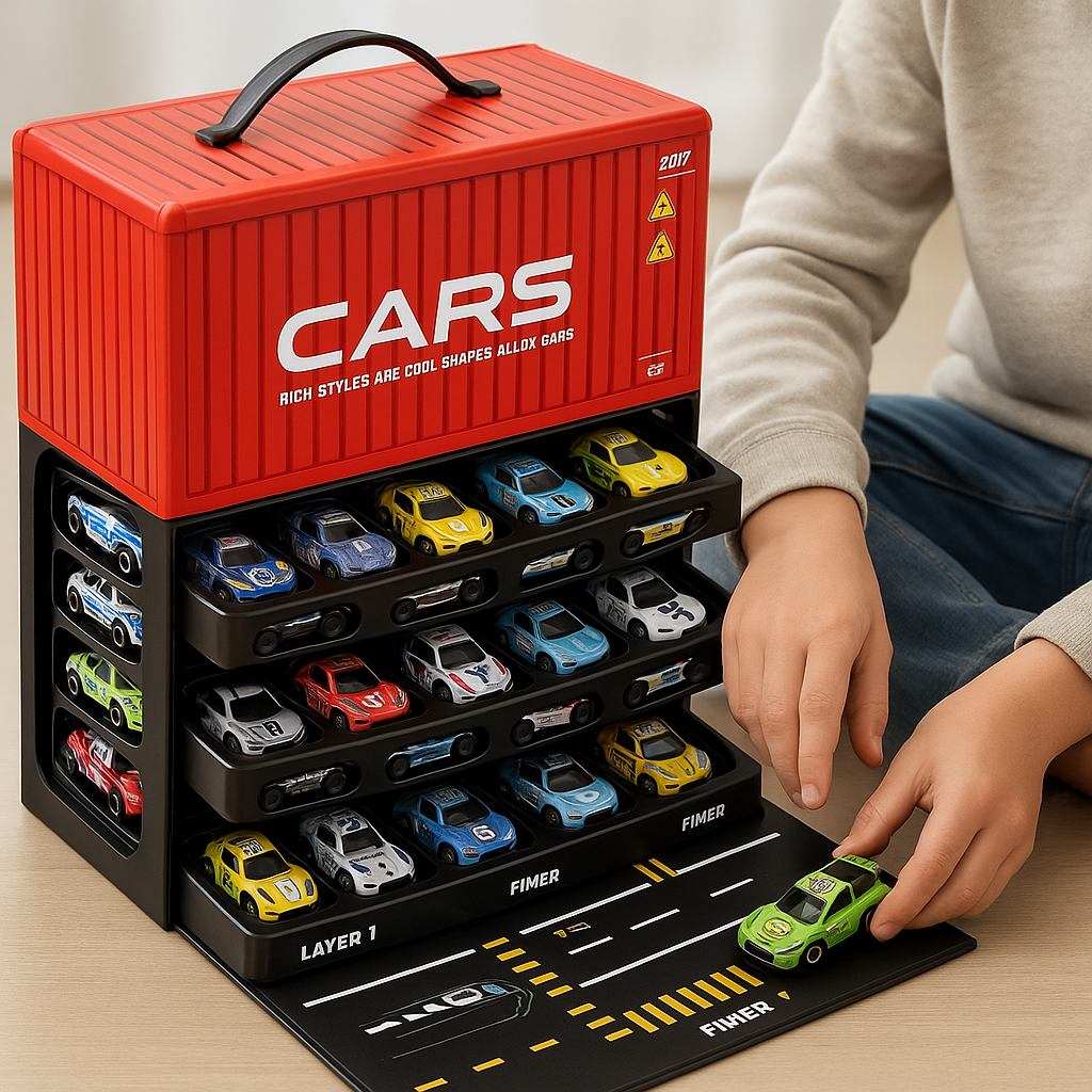 Red container-style case with four trays of colorful toy race cars and a child playing on the printed roadway