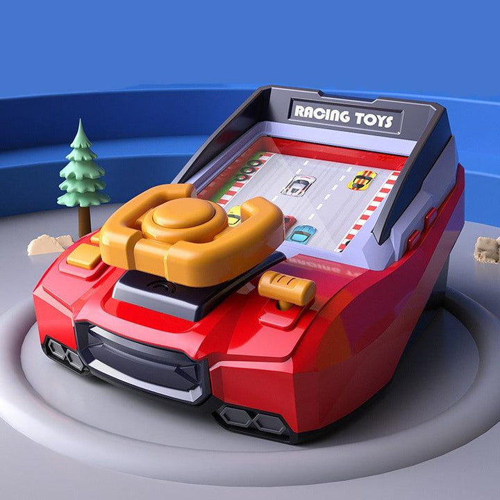 Red racing game with a yellow steering wheel and built-in road display