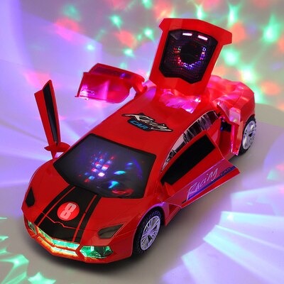 Red racing-style toy car with raised doors and multicolored light patterns.