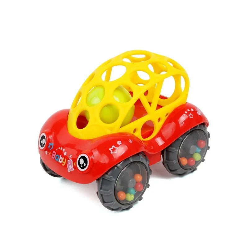 Red rattle toy car with a yellow open-frame top and clear bead-filled wheels