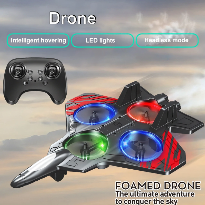 Red RC stunt plane with illuminated propeller rings beside its black wireless controller.