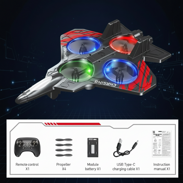 Red RC stunt plane with controller, four propellers, battery, USB-C charging cable, and instruction manual.