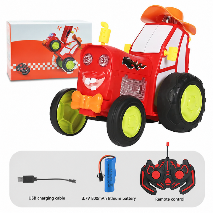 Red RC stunt tractor with packaging, a USB charging cable, rechargeable battery, and remote control