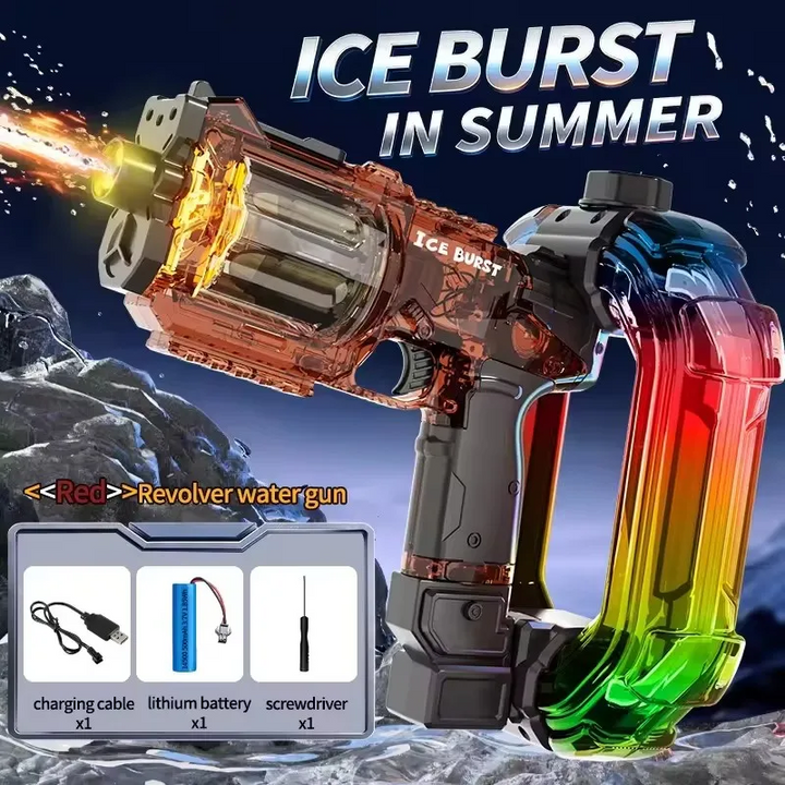 Red revolver-style water gun with a gradient reservoir and included charging accessories.