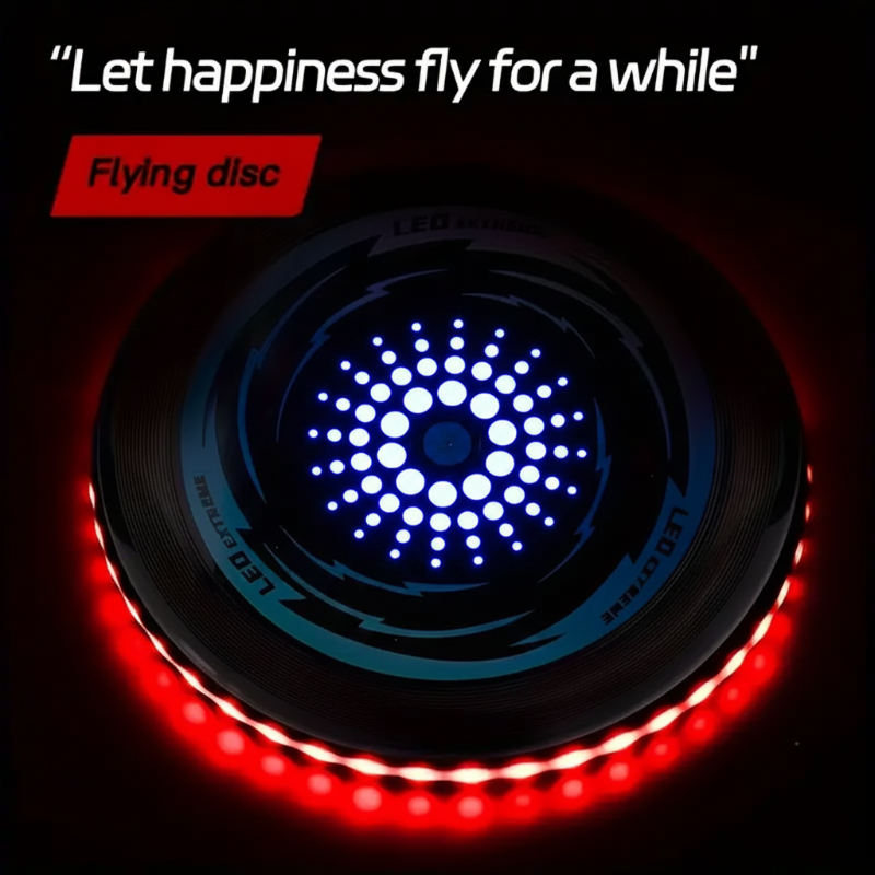 Flying disc with a bright red LED rim and a blue circular center pattern
