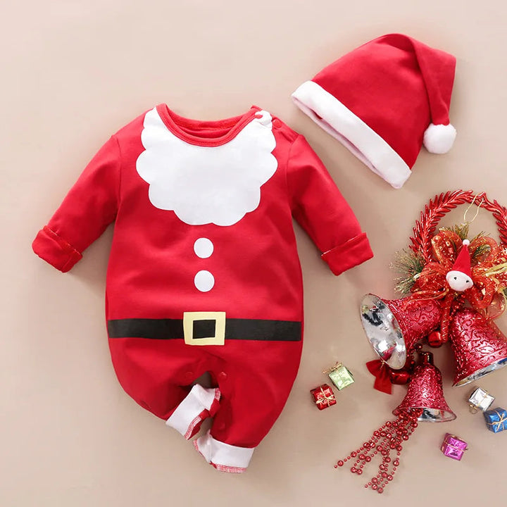 Red baby Santa romper with a white beard print and belt design, shown beside a matching hat