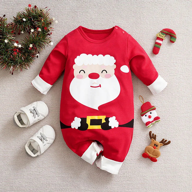 Red baby romper with a smiling Santa face, belt print, and white cuffs