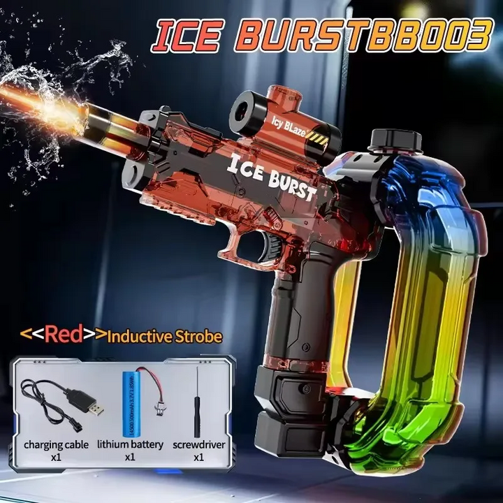 Red automatic water gun with a transparent body, USB cable, battery, and mini screwdriver.