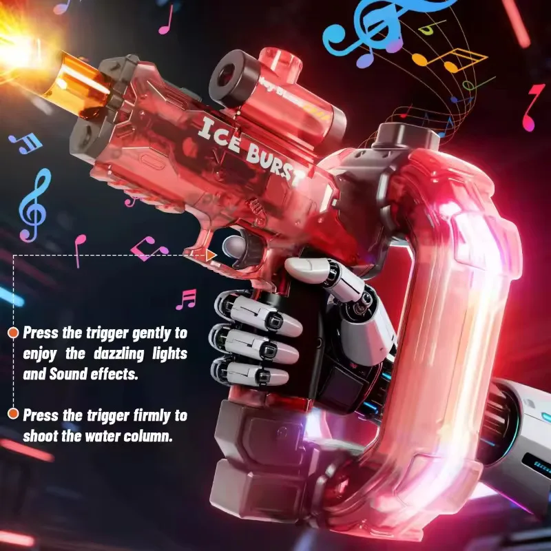 Red space-style water gun shown with an illuminated barrel and multicolor reservoir.