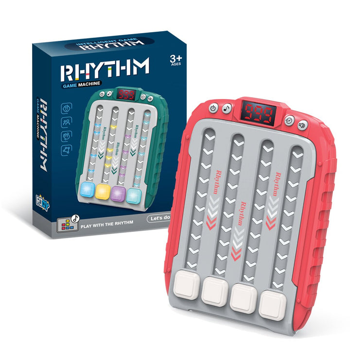 Red four-button speed game beside its retail box