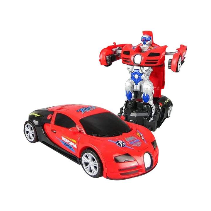 Red sports car toy shown before and after transforming into a robot