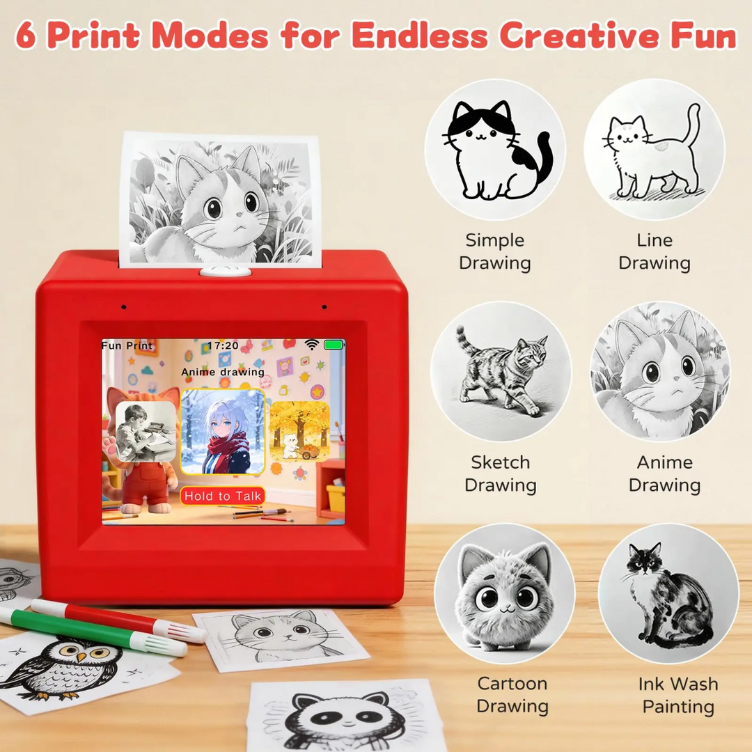 Red AI sticker printer shown with six illustrated drawing styles