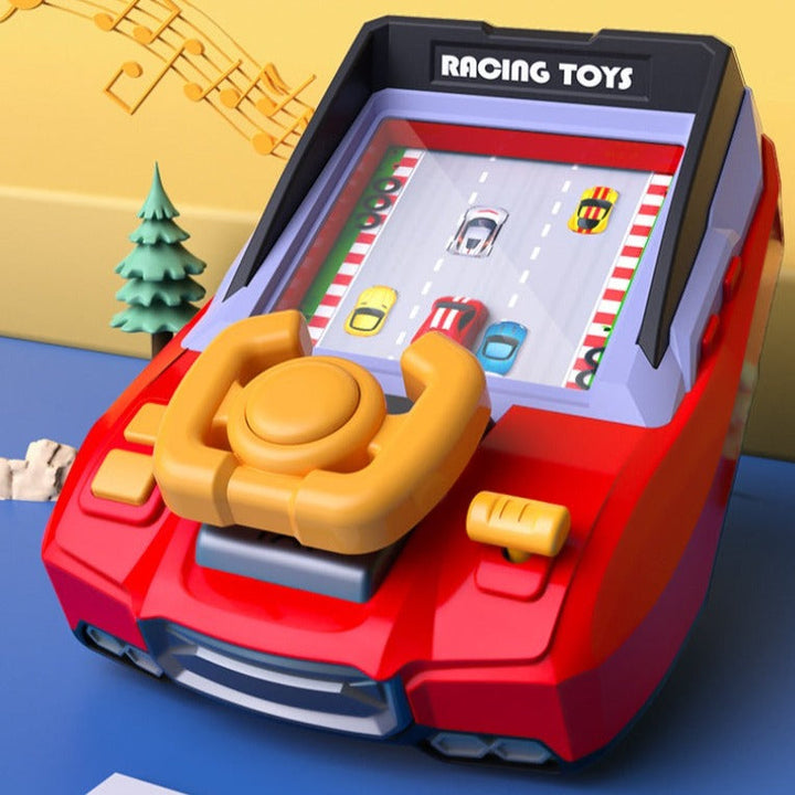 Red tabletop racing game with a yellow steering wheel and a traffic-filled road display