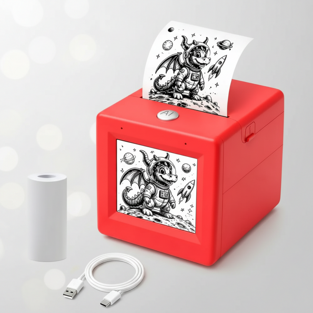 Red thermal sticker printer with a paper roll, USB charging cable, and dragon print