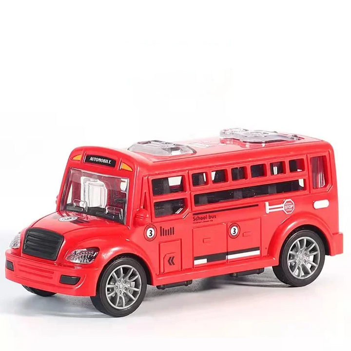 Red toy bus with black window trim and silver-colored wheels