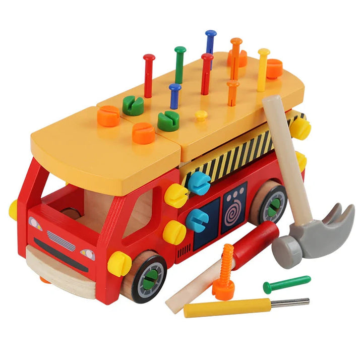 Red wooden toy truck with colorful fasteners, a hammer, and screwdrivers