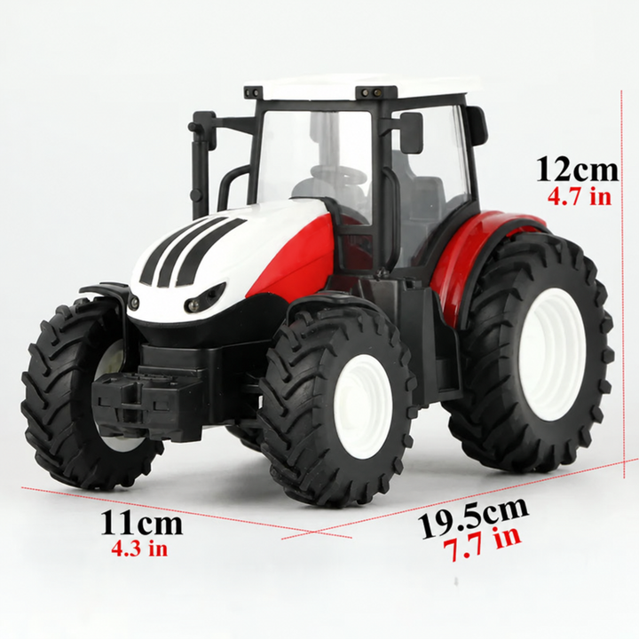 Red RC tractor measuring 19.5 cm long, 11 cm wide, and 12 cm tall