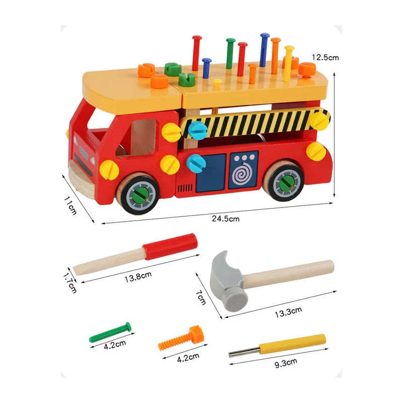 Measurement chart for a red wooden toy truck, hammer, screwdrivers, and fasteners