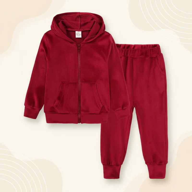 Red velvet zip-up hoodie and matching cuffed pants