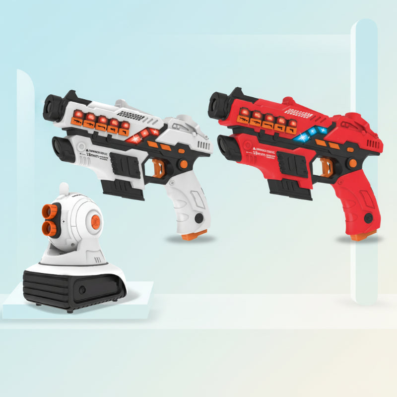 Red and white laser tag blasters beside a target projector
