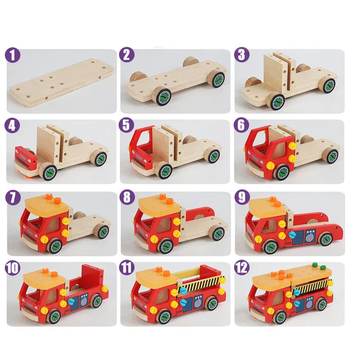 Step-by-step assembly chart showing a red wooden toy truck built in 12 stages