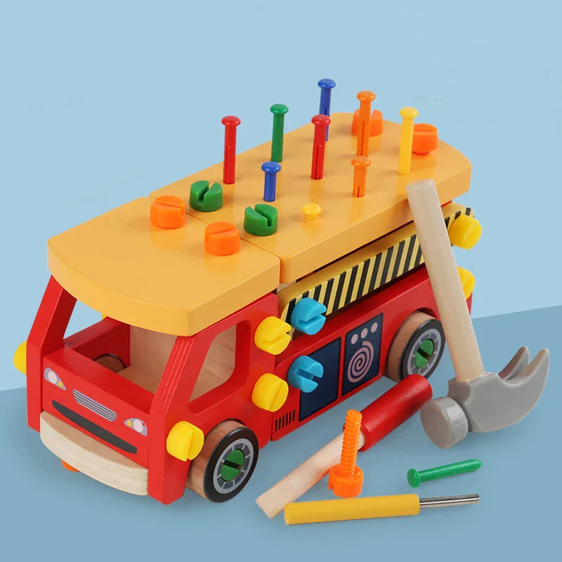 Red wooden toy truck with colorful screws, nuts, and hand tools on a blue background
