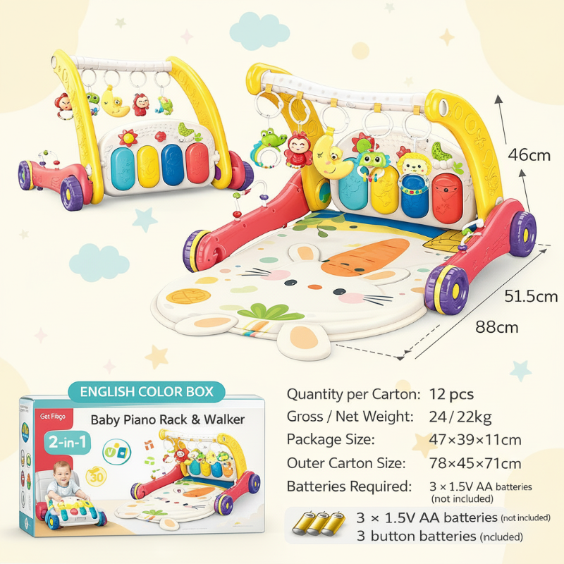 Red and yellow bunny-mat gym with dimensions, packaging details, and battery requirements