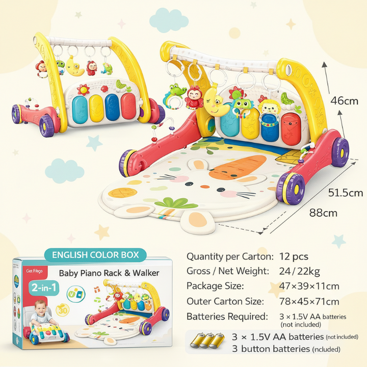 Red and yellow bunny-mat gym with dimensions, packaging details, and battery requirements