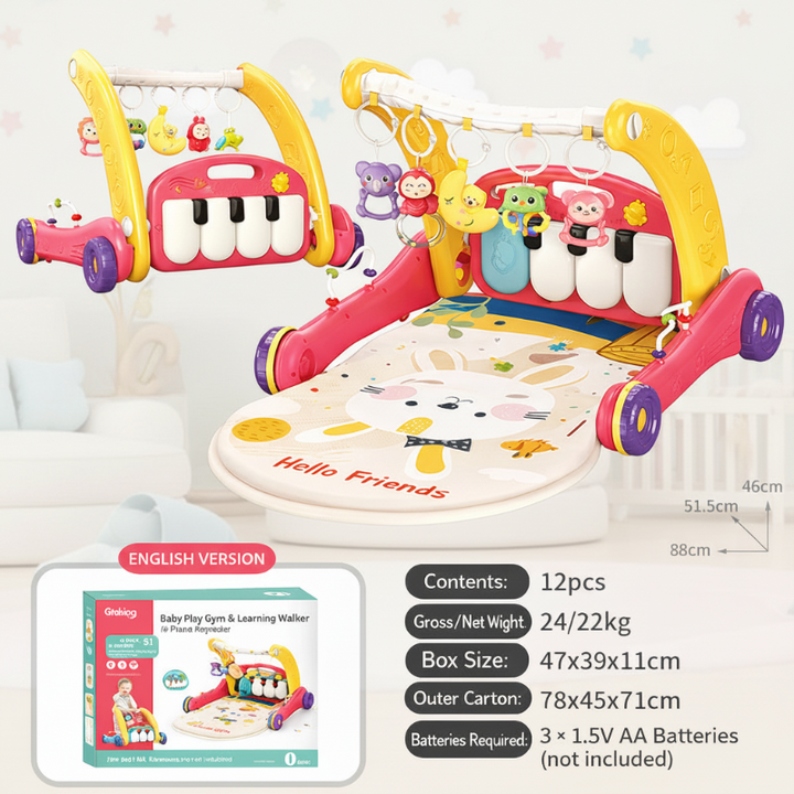 Red and yellow piano gym with a printed mat, size measurements, and packaging details