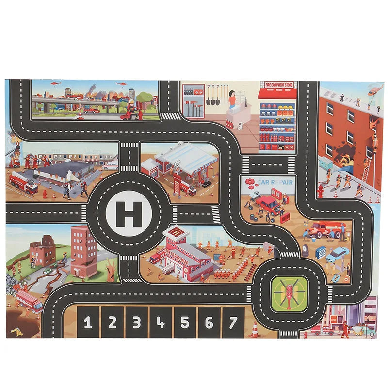 Rescue-themed road play mat with emergency buildings, roadways, and numbered spaces