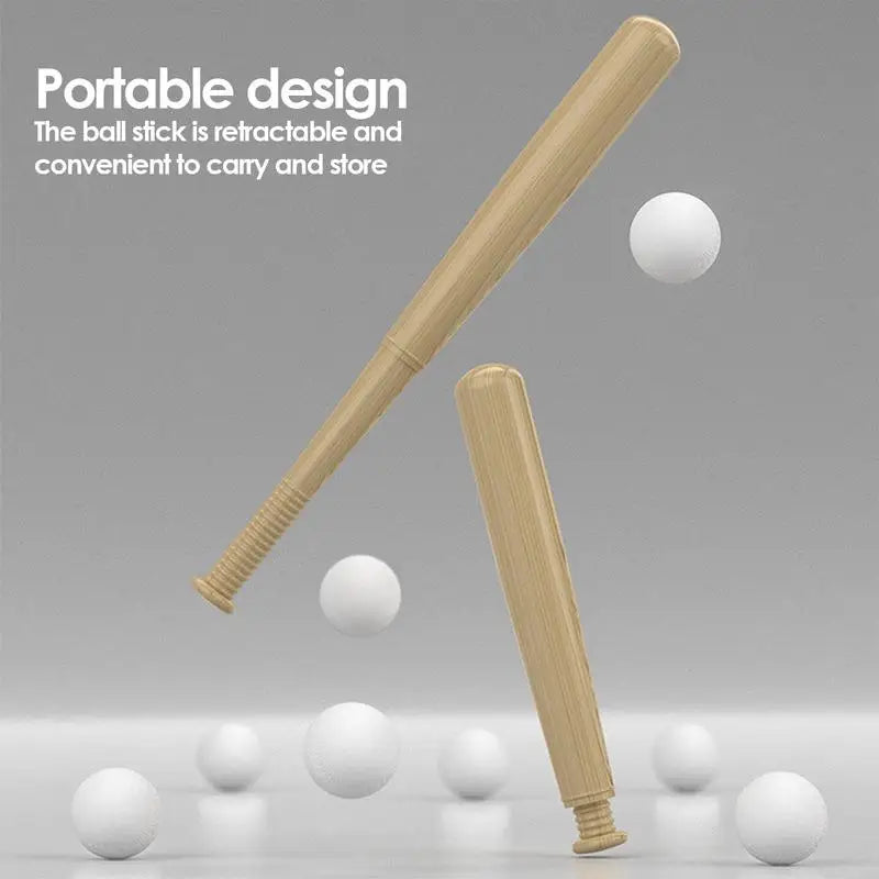 Retractable baseball bat shown extended and shortened, with white practice balls