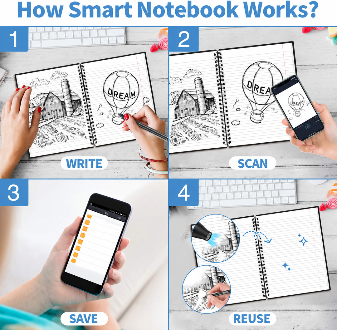 Four-step graphic showing how to write, scan, save, and reuse notebook pages