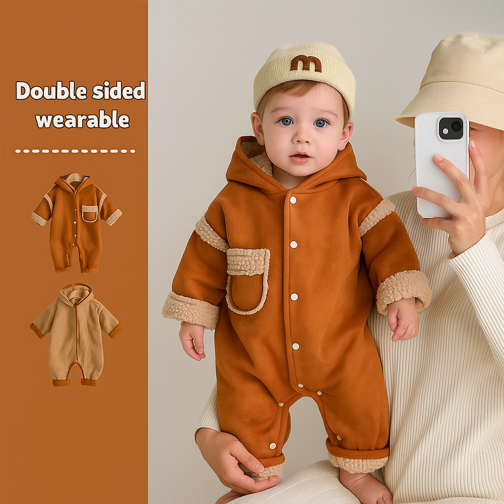 Brown hooded baby romper shown worn, with small views of both reversible sides