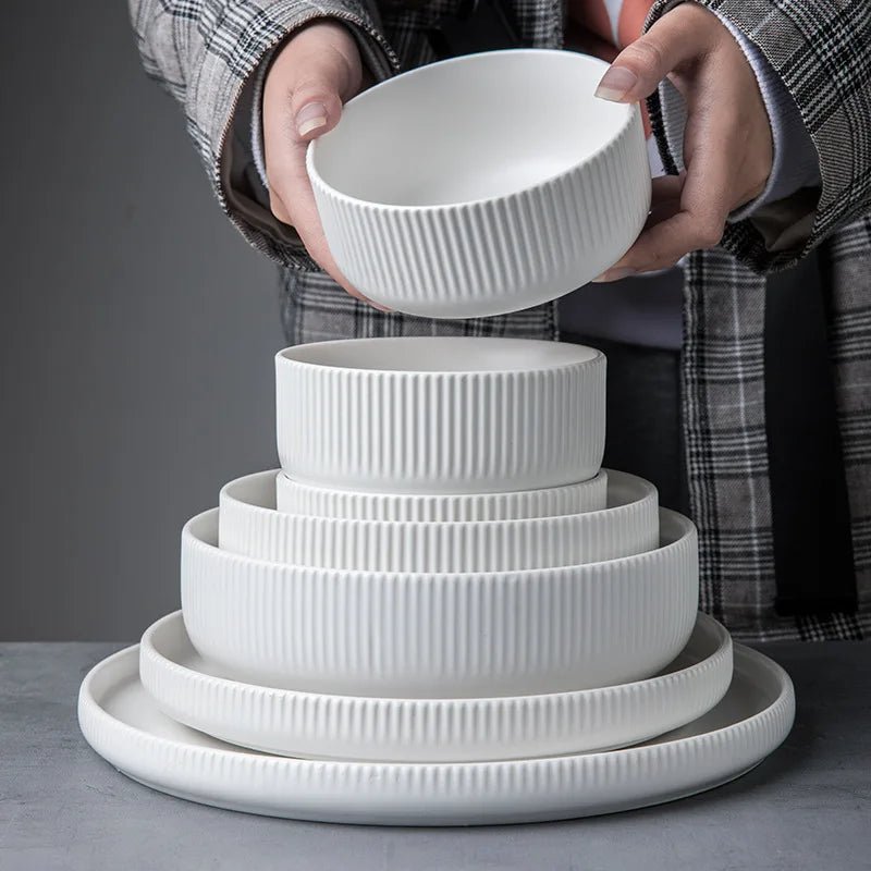 Ribbed Ceramic Dinnerware Set - 25-Piece Matte Finish Dinner Set with Modern Design and Easy Clean Plates 0
