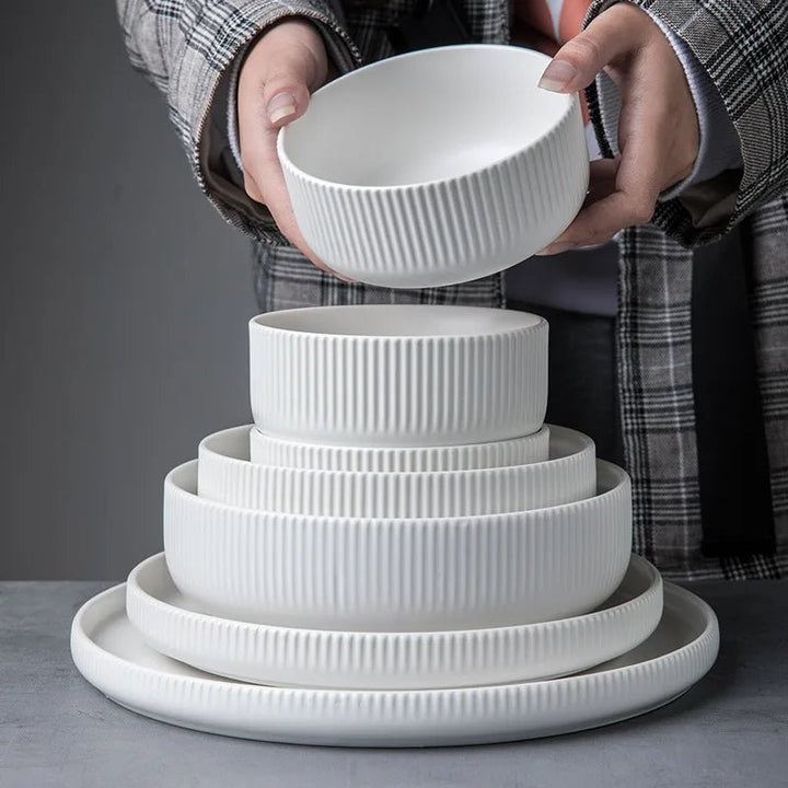 Ribbed Ceramic Dinnerware Set - 25-Piece Matte Finish Dinner Set with Modern Design and Easy Clean Plates 0