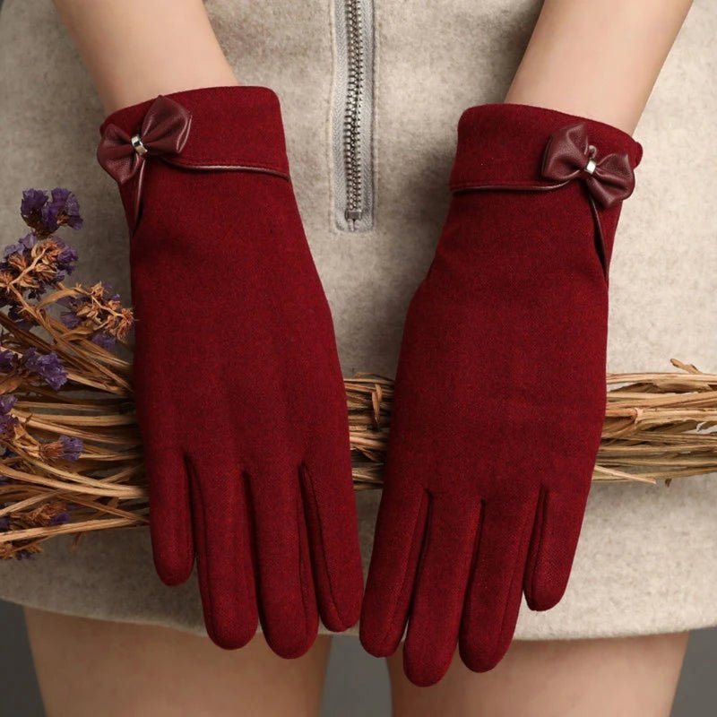 "Refined Bow" Wool - Mix Gloves (Red ) - | Zavonix