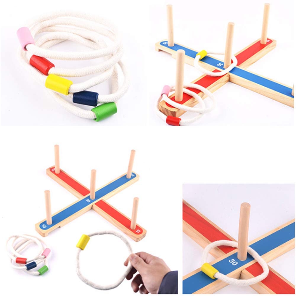 Close-up views of the ring toss rings, numbered wooden base, and peg targets.