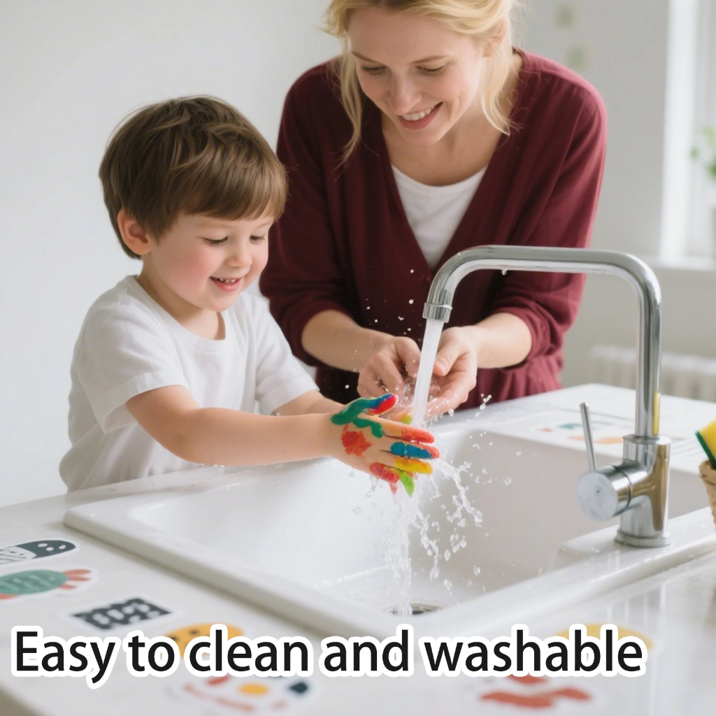 Adult helping a child rinse colorful hands under a running faucet