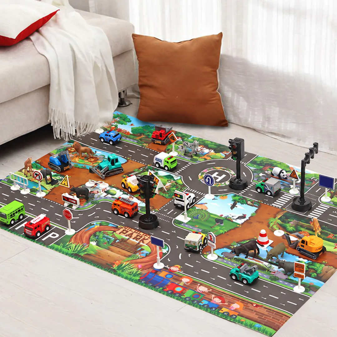 Road play mat beside a sofa, shown with toy cars on the printed roads