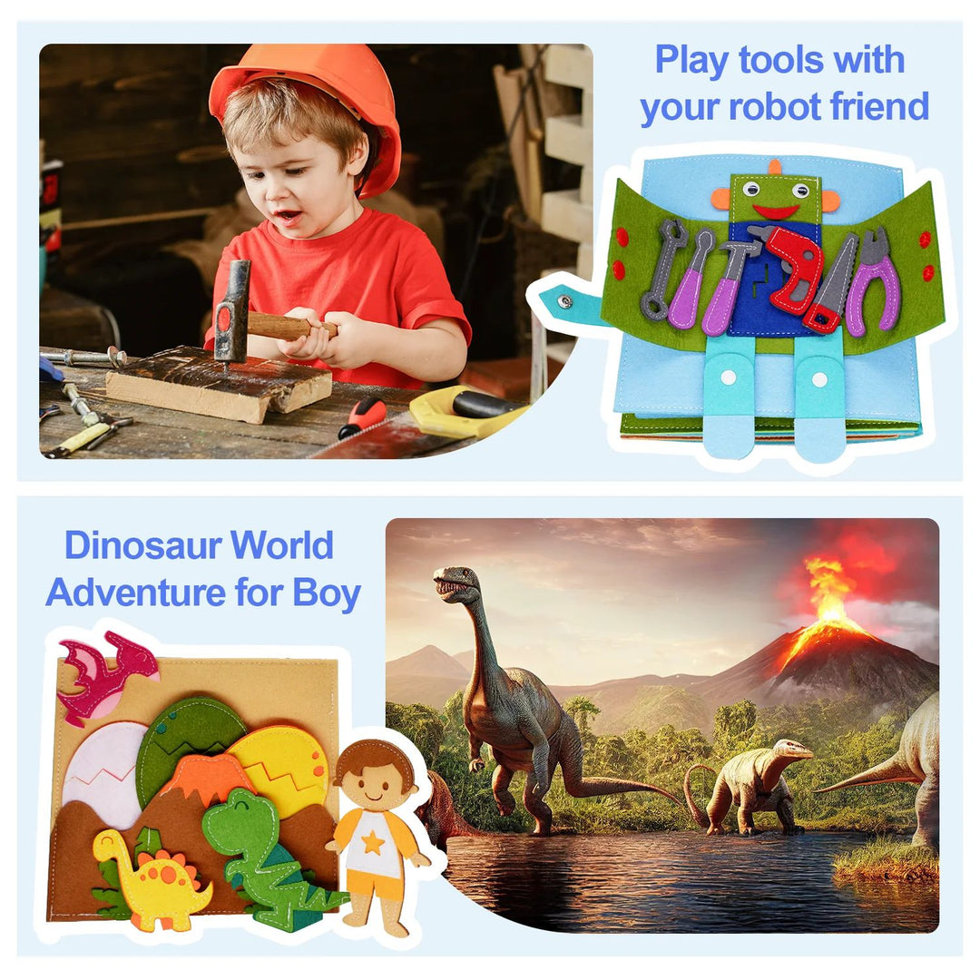 Robot-tool and dinosaur fabric pages shown beside a child with tools and a dinosaur scene