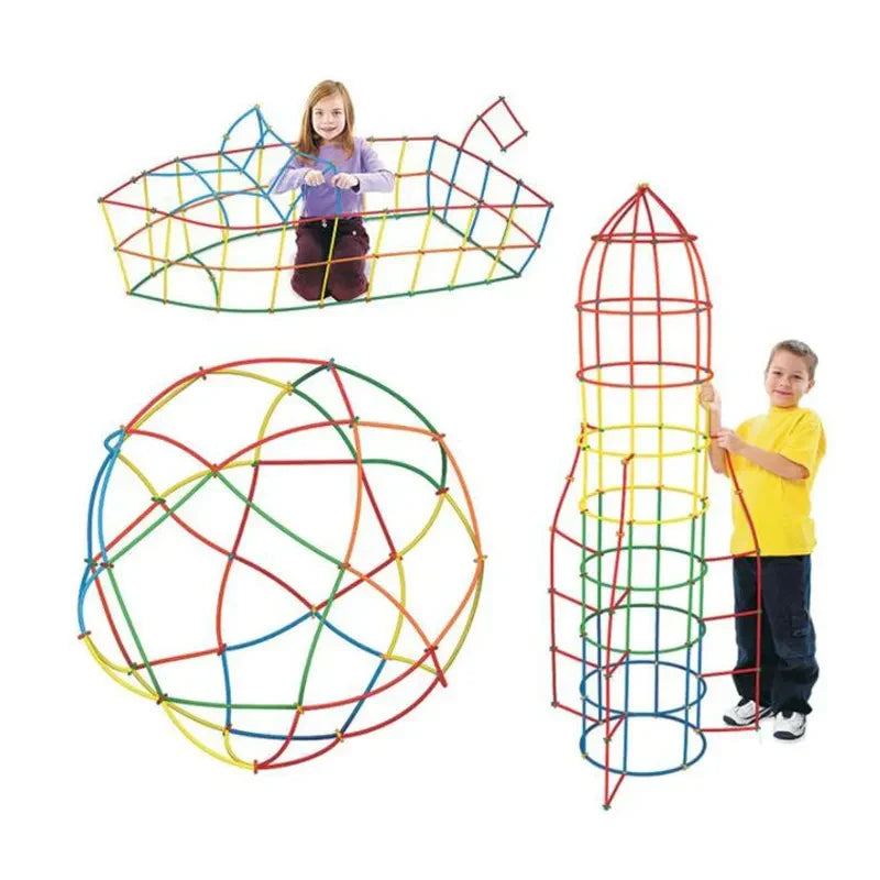 Tube building examples including a tall rocket shape, sphere, and wide geometric structure