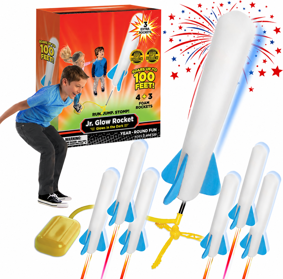 Rocket launcher set with white rockets, blue fins, a yellow foot pump, and retail packaging.